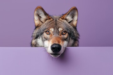 A sneaky wolf slyly observing from a sand banner, set against a soft lavender backdrop