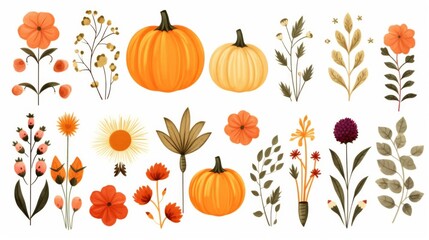 A vibrant autumn themed graphic collection featuring pumpkins, flowers, and lush foliage in an array of fall colors
