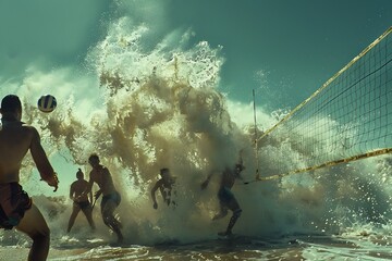 Beach volleyball players dive and spike amidst the crashing waves, the competitive heat of summer...