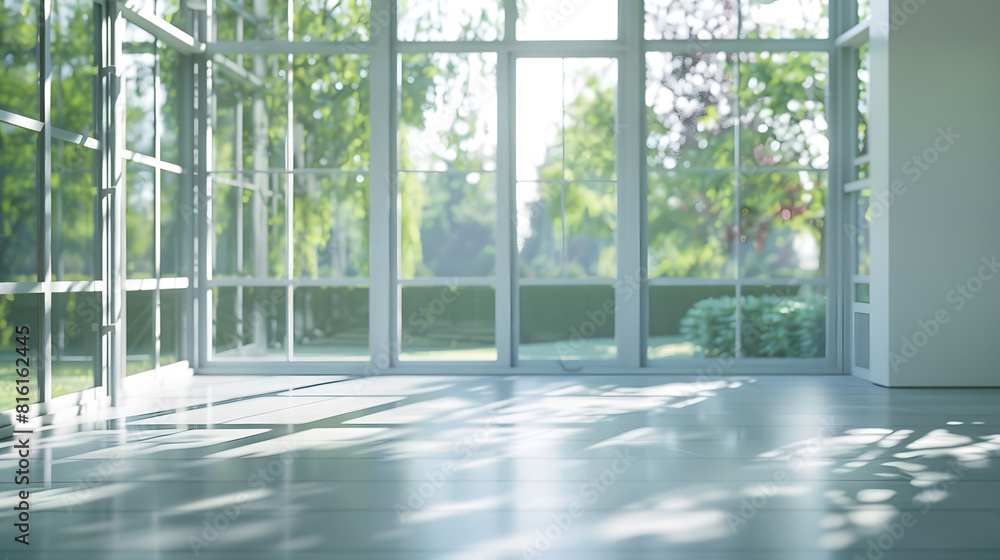 Poster empty room with large windows overlooking the garden : Generative AI