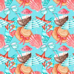 Sea voyage watercolor seamless pattern. Sea, tropics, travel, tourism. Summer vacation. Starfish, shell, sunglasses, surfboard, cocktail, hat, beach umbrella. Blue background. For printing on fabric