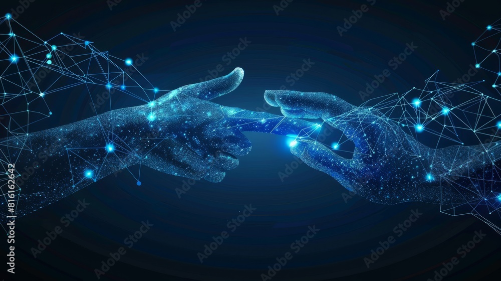 Poster abstract background of hands touching digital transformation virtual screen. technology connection d