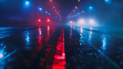 View empty dark night blue foggy misty rainy highway city road backlight red traces low poor...