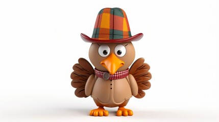 This finely detailed 3D rendered cartoon turkey is stylishly dressed with a hat and bowtie, ideal for festive themes