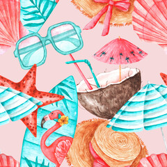 Sea travel watercolor seamless pattern. Sea, tropics, travel, tourism. Summer vacation. Starfish, shell, sunglasses, surfboard, cocktail, hat, beach umbrella. Pink background. For printing on textile