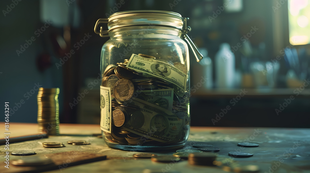 Poster big jar full of us notes and coins standing on empty worktable closeup : generative ai