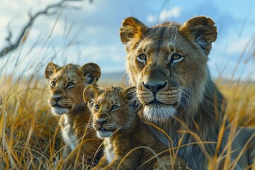 Big female lion with lion cub in savannah
