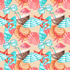 Beach vacation watercolor seamless pattern. Sea, tropics, travel, tourism. Summer holiday. Starfish, shell, sunglasses, surfboard, cocktail, hat, beach umbrella. Sand background. For printing 