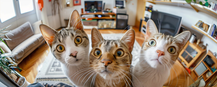 Group of funny cats viewed through a surveillance camera installed in a living room. Cat gang demanding to be fed. Cats caught on security camera.