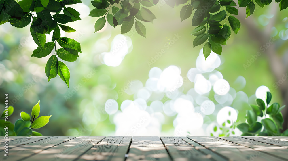 Poster Empty wood table top and blurred white wall in garden background with Green leaves  can used for display or montage your products : Generative AI