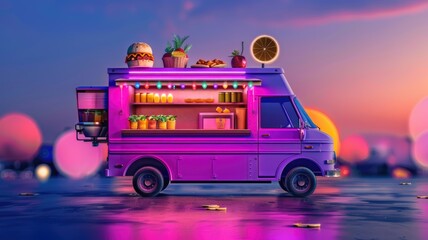vibrant food truck adorned with neon lights, set against a beautiful sunset, offering a variety of gourmet street food