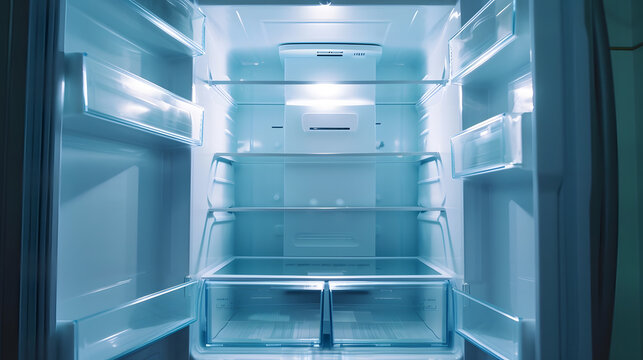 Opened empty refrigerator Refrigerator open empty fridge inside interior close up on empty refrigerator with door open New clean refrigerator : Generative AI