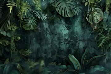 Lush tropical green leaves framing a dark textured grunge background