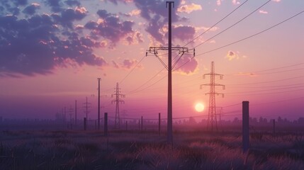 arafed power lines and power poles in a field at sunset Generative AI hyper realistic 