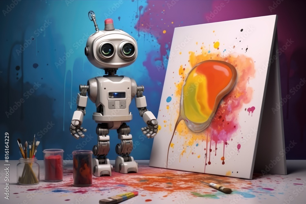 Poster concept of generative ai art technology, robot painting picture in studio. comeliness