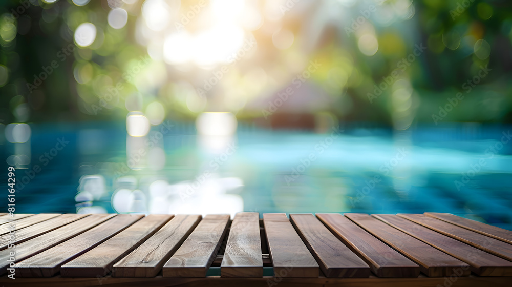 Aufkleber empty wooden table in front with blurred background of swimming pool : generative ai