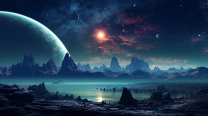 An otherworldly landscape depicting an alien planet with water bodies and multiple moons under a starry sky