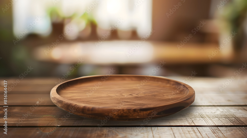 Poster empty wooden plate on wood table soft blurry background of free space for your copy and branding use