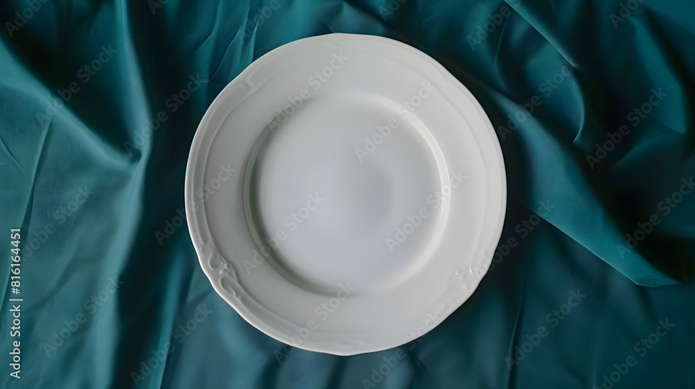 Poster Top view on colored background empty round white plate on tablecloth for food Empty dish on napkin with space for your design : Generative AI