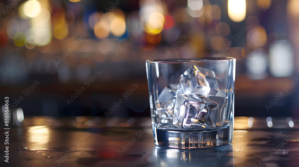 Poster ice cube in an empty glass on a bar counter in bar or pub : Generative AI