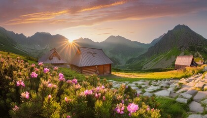 beautiful summer sunrise in the mountains hala gasienicowa valley in poland tatras