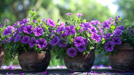 Beautiful purple petunia flowers blossoming in flower pots in a backyard. hyper realistic 