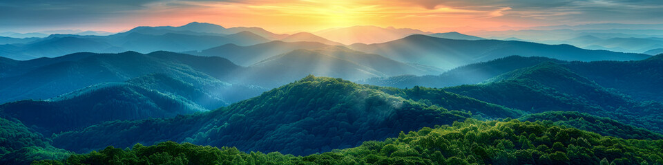 Majestic Mountain Sunrise Over Lush Green Hills and Valleys