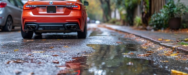 Low angle view of an orange sports car on a wet road