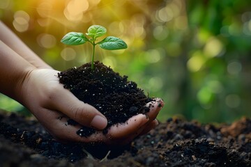 Person holding a small plant in hands in soil
