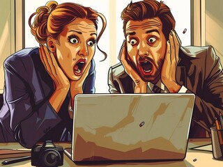 Ultracalistic drawing: Shocked business colleagues looking at laptop screen with folded hands in office, emotions captured.Business