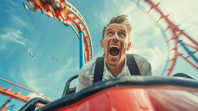 Businessman ride fast pace on roller coaster in amusement park. Frightened entrepreneur facing business setbacks, illustrating the emotional rollercoaster of entrepreneurship. hyper realistic 