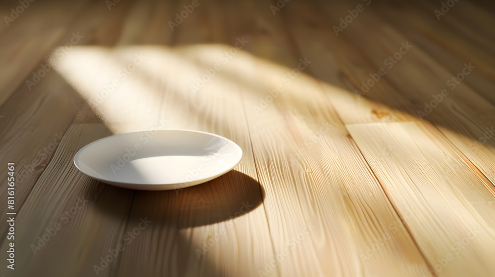 Poster Perspective view of empty light plate on wooden background Empty space for your design : Generative AI
