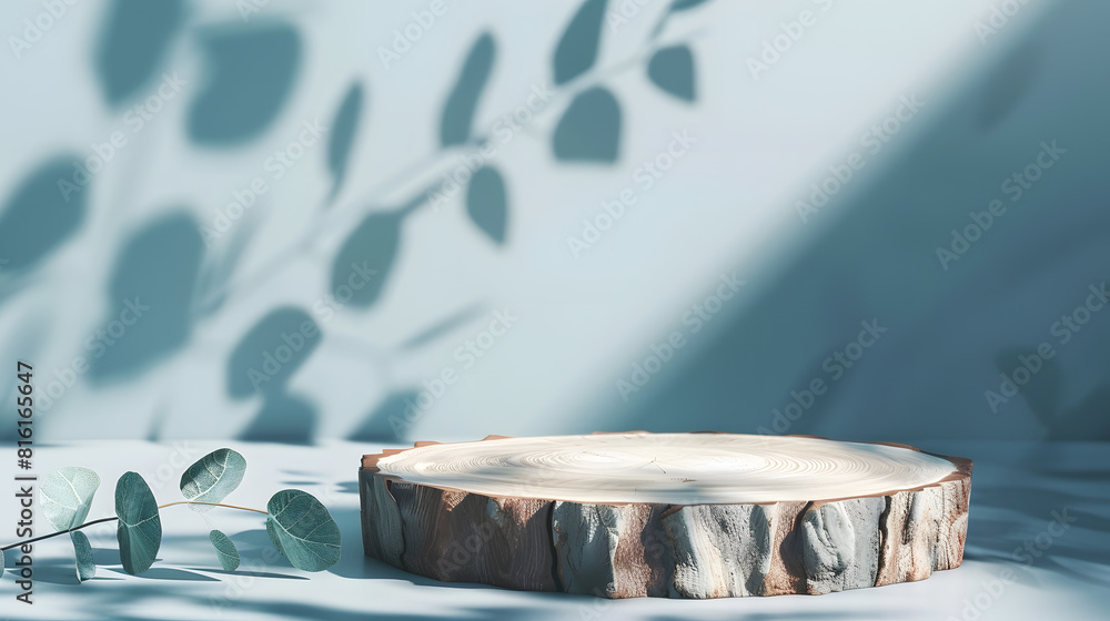 Poster Abstract empty Wood slice podium with eucalyptus leaves and shadows on blue background Mock up stand for product presentation 3D Render Minimal concept Advertising template : Generative AI