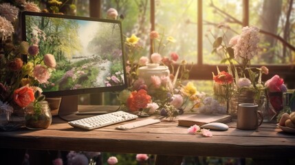 A serene office setup with large computer screen displaying a lush garden view, creating a tranquil working environment with natural elements