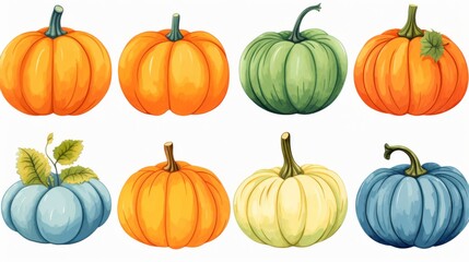 Various pumpkin illustrations showcasing multiple colors and sizes, perfect for autumnal and harvest themes