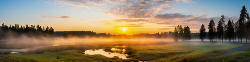 Obraz premium Serene Sunrise Over Misty Forest and River Landscape