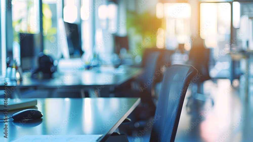 Poster Modern business office without people with blurred bokeh background tables chairs computers copy space High quality photo : Generative AI
