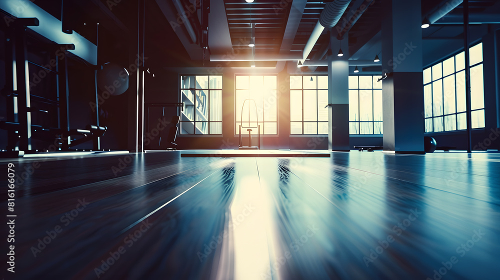 Poster empty gym and interior space or dark room with window and light flare for exercise training and fitn