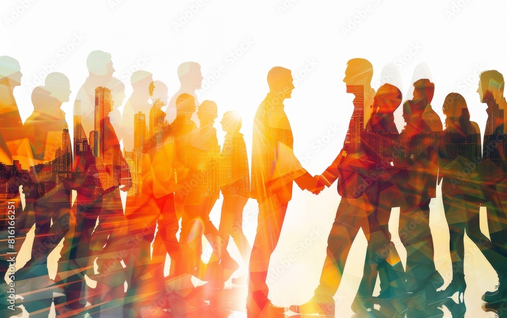 Poster double exposure of group business people shaking hands and digital identity in the style of double s