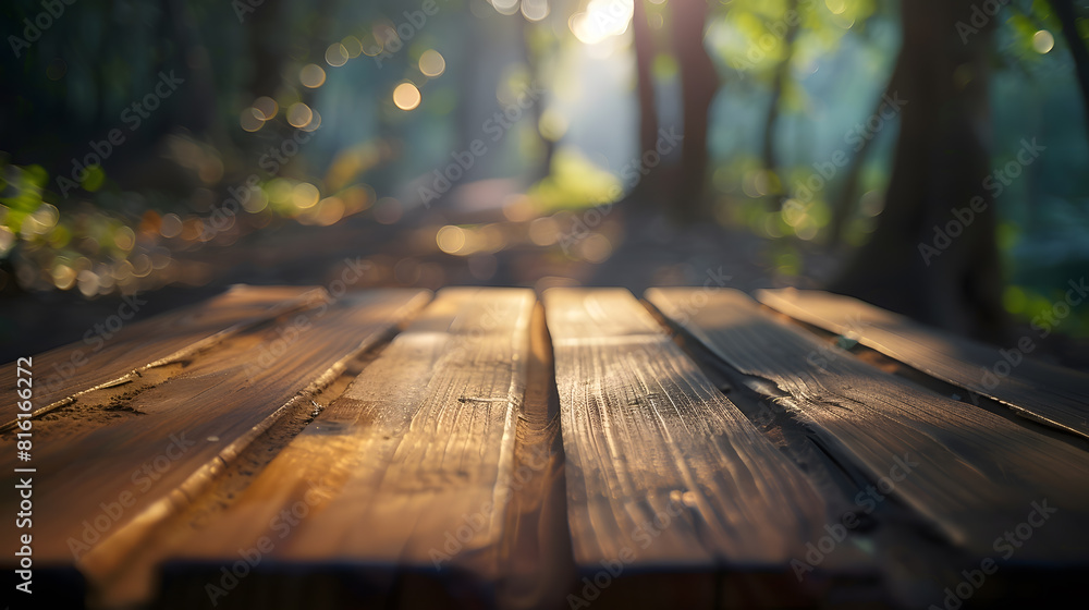 Aufkleber The empty wooden brown table top with blur background of trekking path Exuberant image : Generative AI
