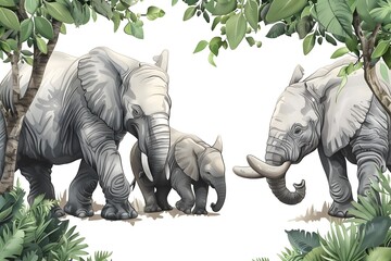 A family of elephants on a white background surrounded by trees. Concept of animal protection, environmental protection.