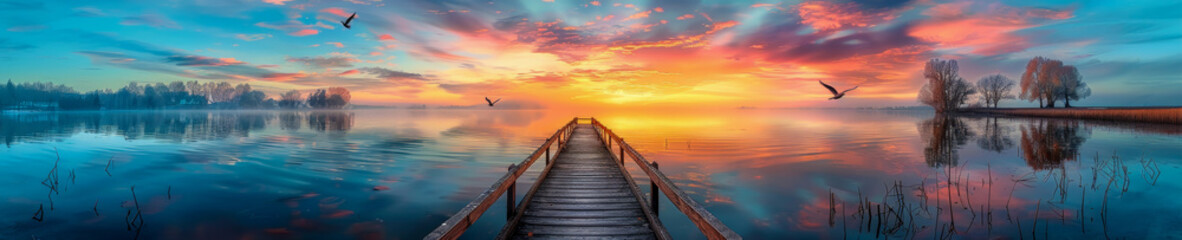 Obraz premium Majestic Sunset over Tranquil Lake with Wooden Pier and Birds in Flight