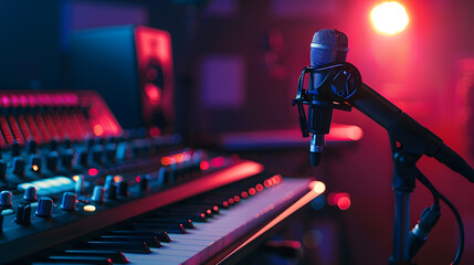Music studio and technology with recording equipment in an empty room for the entertainment industry Interior creative and audio with musical electronics to produce record or control s : Generative AI