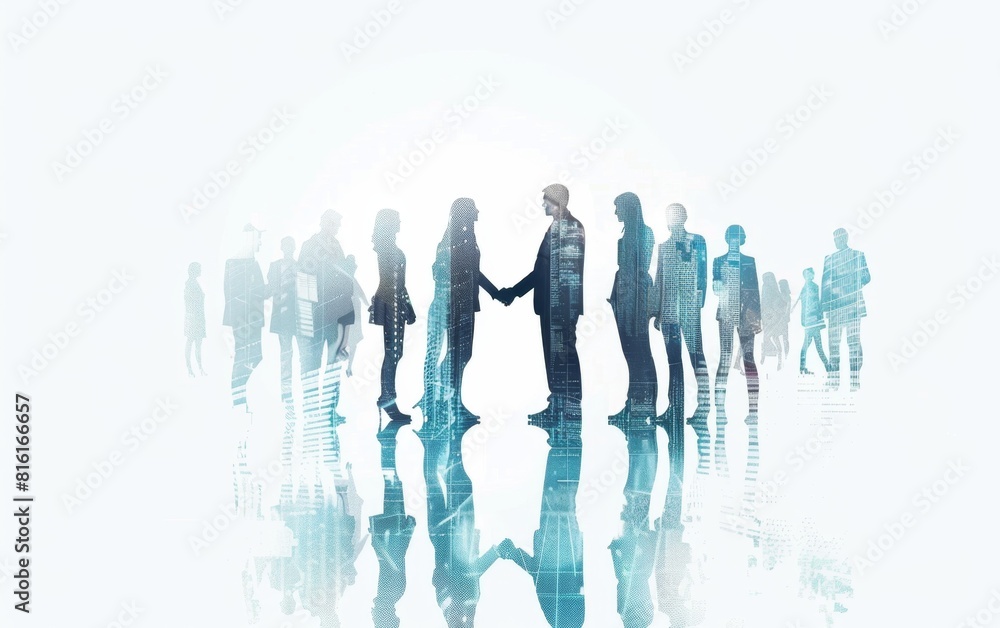Poster double exposure of group business people in silhouettes with digital identities, talking and shaking