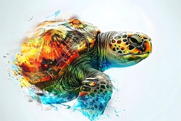 Sea turtle. Realistic, artistic, colored drawing of a sea turtle on a white background in a watercolor style.