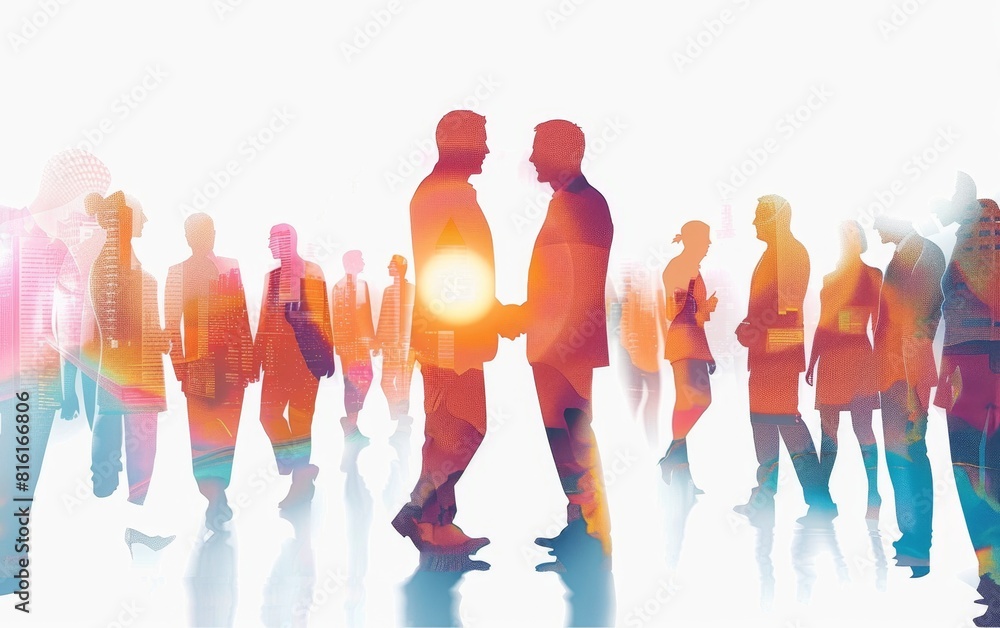 Poster double exposure of group business people shaking hands and digital identity in the style of double s