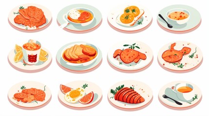 This series of flat illustrations presents a charming collection of seafood and breakfast options, ideal for menu visuals