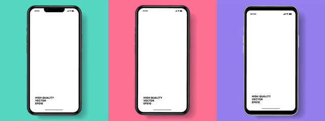 Realistic smartphone mockup. Mobile phone vector with isolated on white background. Device front view. 3D mobile phone with shadow. Realistic, high quality smart phone mockup for ui ux presentation.