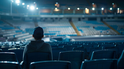 WIDE view of a lonely fan spectator attending a sports event on an empty stadium Isolation events during coronavirus pandemic concept : Generative AI