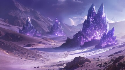 Fantasy landscape with sandy glaciers and purple crystal. Concept art. fantasy hyper realistic 